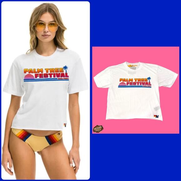 Aviator Nation Tops - Aviator Nation Women’s/Teen Palm Tree Festival Crop Tee White Rainbow Logo M